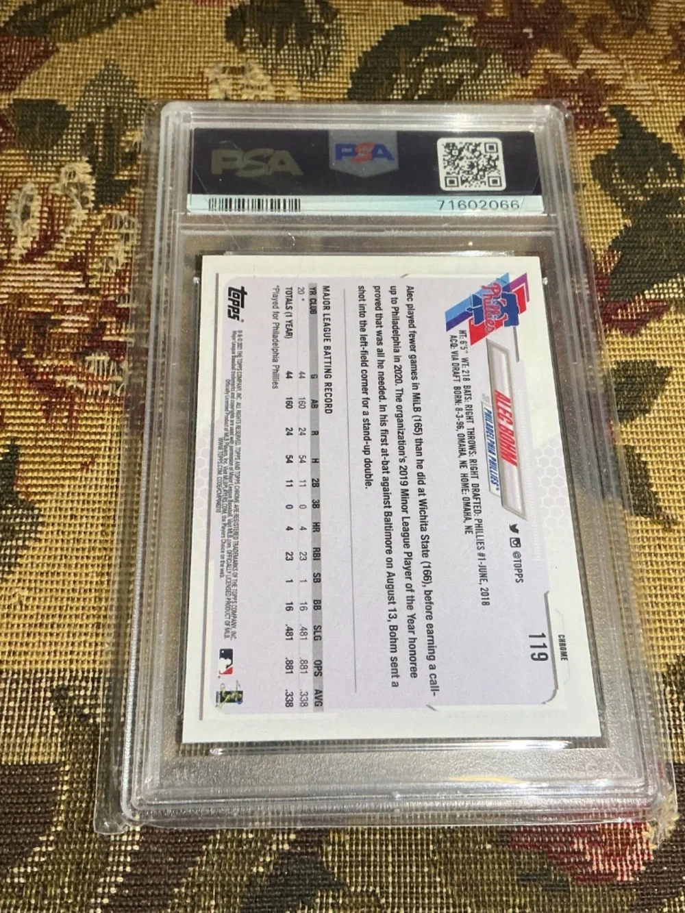 2021 Topps Chrome Baseball Alec Bohm #119 Graded PSA 10 MLB Rookie card